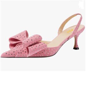 FSJ Pink Embellished Bow Pointed Toe Slingback Pumps Rhinestones Studded Shoes